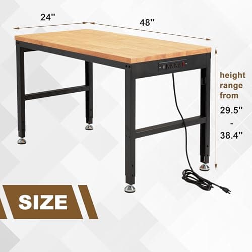HABUTWAY Height Adjustable Workbench 48"x 24" 2000 Lbs Capacity Solid Wood Work Station Heavy-Duty Work Tables with Power Outlets for Garage Party Shop Office 5