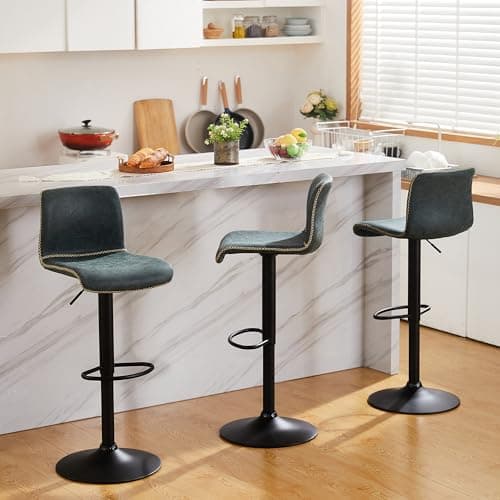 HeuGah Bar Stools Set of 3, Swivel Counter Height Barstools with Back, Adjustable Height 24" to 32", Faux Leather Bar Chairs for Kitchen Island (Deep Teal, Set of 3 (24'' to 32''))