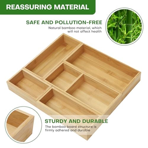 Bamboo Drawer Organizer Set, 5 PCS Multi-Use Individual Wood Storage Organizers, Junk Drawer Divider and Storage Trays Containers for Kitchen, Bathroom, Office Desk, Makeup, Jewelry, Utensils 5
