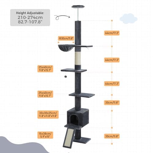 PEQULTI Cat Tree Floor to Ceiling, Tall Cat Tower, Adjustable Height (83''-108'') 5 Tiers Climbing Tree for Indoor Cats with Cat Condo, Scratching Post and Ladder, Dark Grey 6