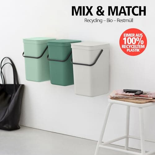 Brabantia Sort & Go Kitchen Recycling Bin | S / 3.2 Gal / 12L | Jade Green | Removable Stay-Open Lid, Carry Handle | Trash Can for Bottles, Cans, Paper, Glass | Wall-Mounting Bracket Included 5
