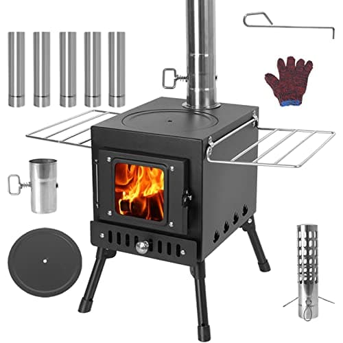 Wood Burning Stove, Wood Stove With Chimney Pipes, Small Camping Wood Stove With Anti-Spark and Adjustment Pipe for Hunting,fishing,Cooking,Heating,Drying Clothes double-layer Hot Tent Stove
