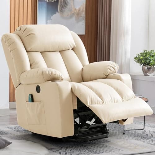 RESTREAL Power Lift Recliner Chair for Elderly, Electric Recliner Chairs for Adults with Massage and Heat, Cup Holders, Remote Control, USB Ports, Side Pockets, Leather (Beige)