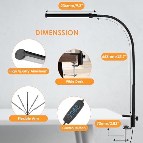 ShineTech LED Desk lamp with Clamp, Eye-Caring Clip Lights for Home Office, 3 Colors Full Brightness, Flexible USB Adapter Table Lamp, Black 8