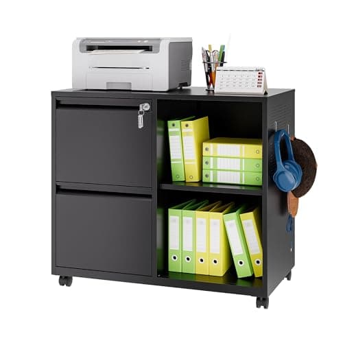 NODHM Lateral 2 Drawer Filing Cabinet with Lock, Mobile File Cabinet on Wheels, Printer Stand with Storage for Legal/Letter/A4 File Folders (Blcak)