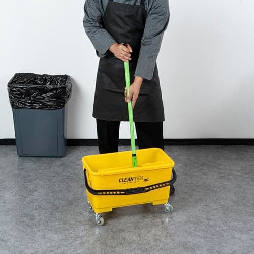Restaurantware-Clean Tek Professional 25 Quart Cleaning Bucket with Sieve, 1 Bucket with Casters - Comfort-Grip Handle, Heavy-Duty, Yellow Plastic, for Cleaning Kitchens, Restaurants 5