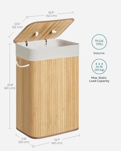 SONGMICS Foldable Laundry Hamper with Lid, 19 Gal. Bamboo Laundry Basket, Rectangular Storage Hamper with 3 Handles, 15.7 x 11.8 x 23.6 Inches, for Laundry Room, Bedroom, Natural ULCB10YV1 6