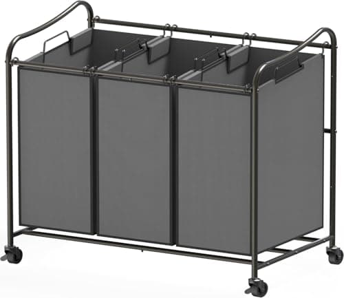 Simple Houseware Heavy Duty 3-Bag Laundry Sorter Rolling Cart, Dark Grey – Durable Triple Laundry Hamper with Removable Bags and Lockable Wheels for Efficient Laundry Organization