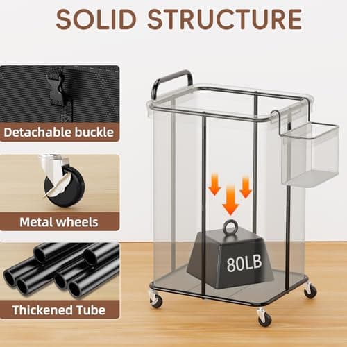 150L Rolling Laundry Hampers on Wheels, 3 Section Laundry Basket with wheels with Side Bag for Dirty Clothes, Dorm Room Organization 7