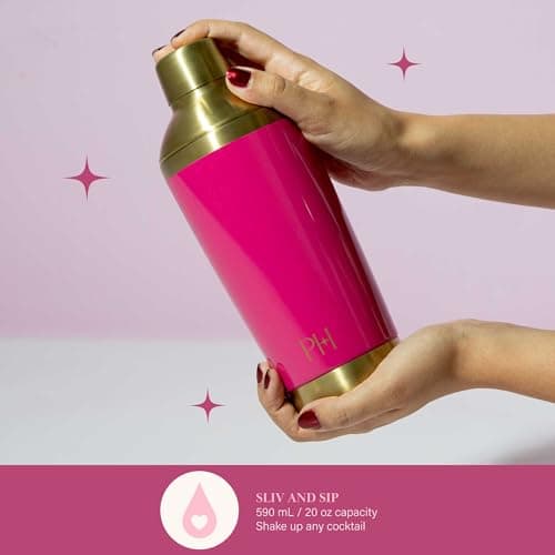 Paris Hilton 2-Piece Cocktail Shaker Set, Double Wall Insulated Stainless Steel Mixer with Built-In Strainer and Double-Sided Jigger, 20-Ounce, Gold and Hot Pink 4
