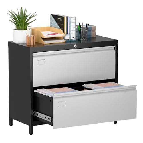 SUXXAN Metal 2 Drawer Lateral File Cabinet with Lock & Adjustable Feet - Wide Filing Cabinet for Letter/Legal/F4/A4 Hanging Files - Includes Business Card Holder,Home Office School Storage,Black/Grey