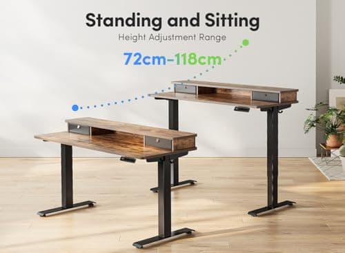 FEZIBO 48'' x 24'' Height Adjustable Electric Standing Desk with Double Drawer, Home Office Stand Up Table with 4 Height-Adjustable Feets & 2 Hooks, Vintage Brown 5