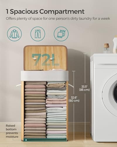 SONGMICS Foldable Laundry Hamper with Lid, 19 Gal. Bamboo Laundry Basket, Rectangular Storage Hamper with 3 Handles, 15.7 x 11.8 x 23.6 Inches, for Laundry Room, Bedroom, Natural ULCB10YV1 5