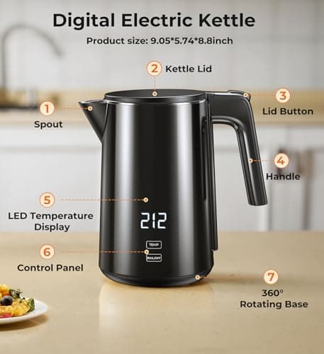 Electric Kettle, 1.0L 1200W Fast Heat with Auto Shut-Off, Boil-Dry Proof, 7 Temperature Control Teapot, Double Wall Stainless Steel Water Boiler Heater, 4H Keep Warm, Cool Touch Coffee Tea Pot, Black 9