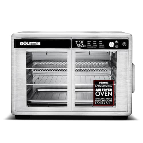 Gourmia French Door Air Fryer Oven - 37 Qt Large Capacity Convection Toaster Oven, FryForce 360°, Digital Display, 12 Cooking Presets, Dehydrate, Fits 13” Pizza, Dishwasher-Safe, Stainless Steel