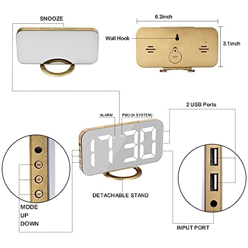 SZELAM Digital Alarm Clock,LED and Mirror Desk Clock Large Display,with Dual USB Charger Ports,3 Levels Brightness,12/24H,Modern Electronic Clock for Bedroom Home Living Room Office - Gold 5