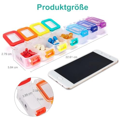 Fullicon Weekly Pill Organizer 7 Day Ultra Moisture and Spill Proof Daily Pill Box, Large Medicine Case with Secure Buckle, Compact Travel Pill Container for Pill, Vitamin, & Fish Oil (Rainbow Clear) 6