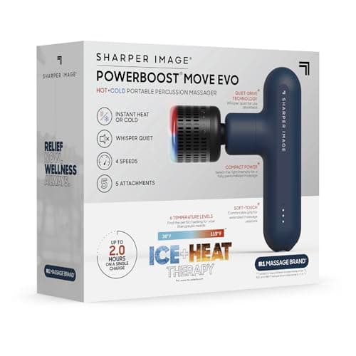 Sharper Image Deep Tissue Percussion Massage Gun, Powerboost Move Evo Hot & Cold Rechargeable Handheld Massager, 4 Adjustable Speeds, 5 Attachment Heads & Carrying Case, for Muscle Pain Relief, Blue 8
