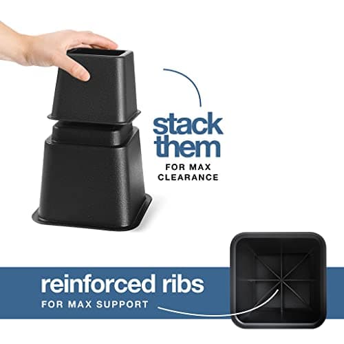 Home It Adjustable Bed Risers - Elevation in 3, 5 or 8 Inch - Heavy Duty Stackable Furniture Risers Supports 1,300 lbs - for Under-Bed Storage, College Dorms, Table and Couch, 4 Pack Bed Lifts Black 8