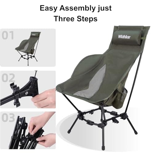 Wildhiker Compact High Back Camping Chair - Foldable with Dual Sitting Modes, Pillow, Arm Pads and Side Pockets - Lightweight Portable Chair for Motorcycle, RV, Festival, Travel - Green 8