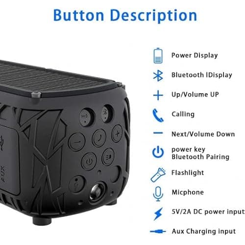 ABFOCE Solar Bluetooth Speaker 60 Hours Play Time 5000mAh Power Bank Outdoor Portable Wireless Dual Speaker with Mic Stereo Sound Bass, for Home, Hiking, Travel, Riding, Beach, Camping-Black 8