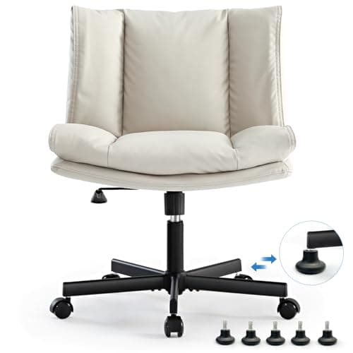 LEAGOO Criss Cross Chair with Wheels, Armless Cross Legged Office Chair, Comfy PU-Leather Desk Chair, Modern Swivel Height Adjustable Computer Task Chair, Wide Seat Cute Chair for Home Office(Beige)