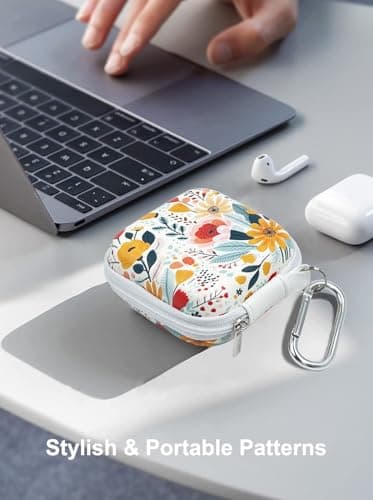 Square Earbud Case Headphone Organizer Ear Bud Case Portable EVA Carrying Box Storage Bag with Carabiner for AirPods Beats Bose Galaxy Buds 3 Data Cable Storage (Blooming Floral) 5