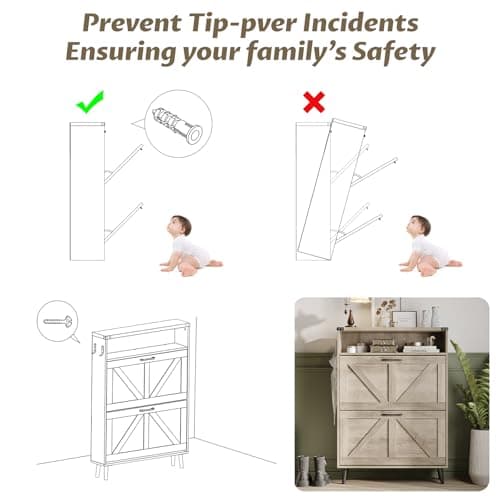 Halitaa Shoe Cabinet with 2 Flip Drawers & Open Storage,Farmhouse Shoe Storage Cabinet for Entryway,Freestanding Narrow Organizer Rack with Legs,Foyer,Hallway,Grey 9