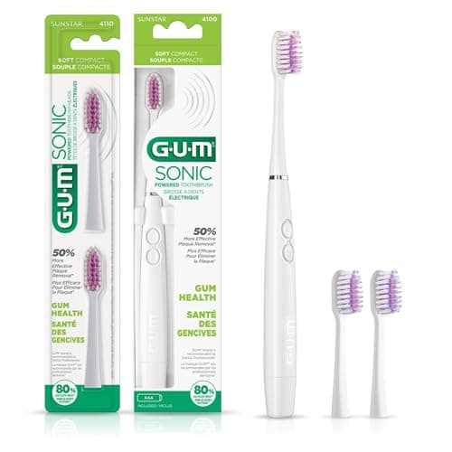 GUM Sonic Powered Toothbrush, Tapered Bristles Clean Below The Gumline, Bundle, White, 1 Handle(1 Count) + 2 Refills 2 Count(Pack of 1)