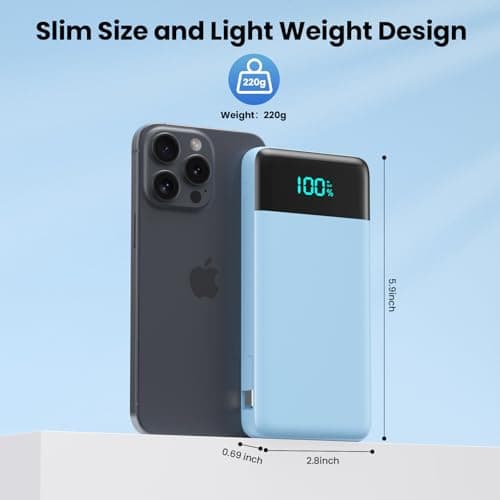 Portable Charger for iPhone 13800mah Power Bank with Built in Cables and Wall Plug,PD USB C In&Out Fast Charging,4 Outputs Travel Essential Battery Pack for iPhone 16/15/14,Galaxy S25,Android-Sky Blue 5