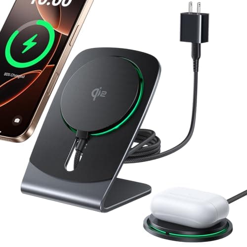 INIU Magnetic Wireless Charger Stand, Qi2 Certified 15W Mag-Safe Wireless Charging Pad with Cooling Fan, Fast Charging Pad for iPhone 17 16 15 14 13 12 Series AirPods 4 3 2 Pro (with Adapter)