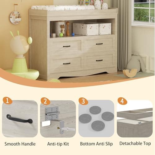 QUNTTINA Nursery Dresser Changing Table 4 Drawers Dressers with Changing Table Top Baby Dresser Chest with Open Storage Changing Station with LED Light Diaper Changing Station Nursery Organizer,Beige 5