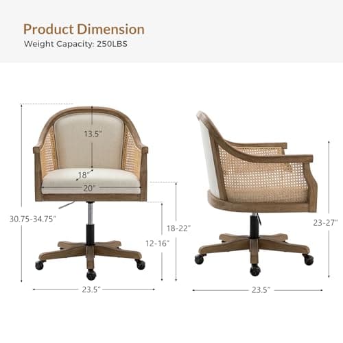TINA'S HOME Rattan Desk Chair, Upholstered Home Office Chair with Armrest, Adjustable Swivel Rolling Height Computer Task Chair for Living Room Bedroom Study Room, Ivory 2