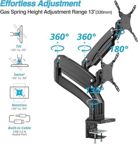 AVLT Dual Monitor Arm Desk Mount for 13"–43" Flat/Curved Screens with USB-A Pass-Through, Full Motion Height Adjustable Swivel Tilt Rotation VESA/C-Clamp/Grommet/Cable Management, Black 5