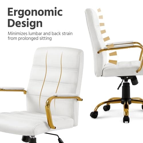 Topeakmart Office Desk Chair Mid-Back Adjustable PU Leather Executive Chair w/Gold Frame White Seat 5