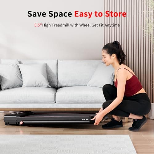 RHYTHM FUN Foldable Treadmill, 300 lb Capacity Walking Pad 2.5HP Treadmill Under Desk, Portable Treadmill for Home and Office, Folding Treadmill 2 in 1 with Remote Control, LED Display, BlackRed 7