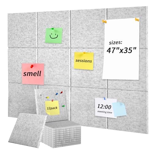 47"x35"12 Pack Large Office Cork Board Alternative，DIY Felt Pin Board for Walls,Felt Wall Tiles with Safe Removable Adhesive Tabs, Square Bulletin Board for Office/Kitchen/Bedroom/School (White)