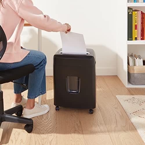 Amazon Basics 12 Sheet High Security Micro Cut Paper, Credit Card and CD Shredder with 6 Gallon Easy Emptying Bin, Casters, Black 7
