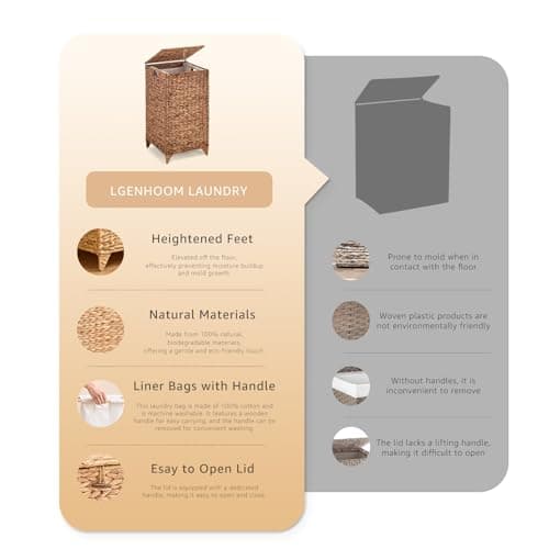 Large Laundry Hamper with Lid and 2 Removable Liner Bags, Natural Handwove Seagrass Clothes Hamper,Wicker Laundry Basket, Foldable, Heightened Feet,Rattan Clothes Laundry Basket (S-BN) 8