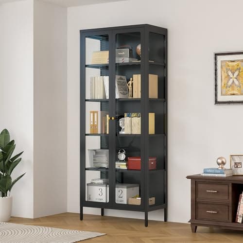 Lucky Monet 5-Tier Glass Display Cabinet with 13 Color Lights, 67" Tall Metal Curio Cabinets with Glass Door & Adjustable Shelves, Large Display Case for Collectibles Figures China Books, Black 8