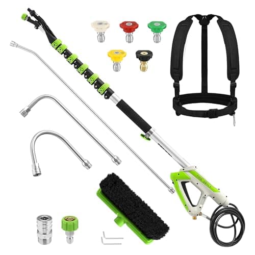 Tool Daily 21FT Telescoping Pressure Washer Wand with Brush, Power Washer Extension Wand, Aluminum Telescopic Gutter Cleaner with 3 Curved Rods, 5 Sprayer Nozzle Tips and Adjustable Belt, 4000 PSI