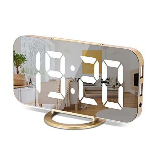 Sukeen Digital Alarm Clock,6" Large LED Display with Dual USB Charger Ports | Auto Dimmer Mode | Easy Snooze Function, Modern Mirror Desk Wall Clock for Bedroom Home Office for All People (Gold)