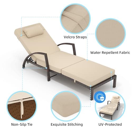coucheta Outdoor Chaise Lounge Set of 2 Rattan Patio Folding Chaise Lounge Adjustable 5 Position Back Patio Pool Lounge Chair with Cushion Pillow for Poolside Backyard Deck Porch Khaki 6
