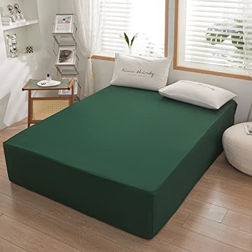 Bedding 1piece Queen Size Fitted Sheet Only- Bottom Fitted Sheet-Fits 15inches Deep Pocket Matress Sheet-Soft and Microfiber-Easy Care-Dark Green 9
