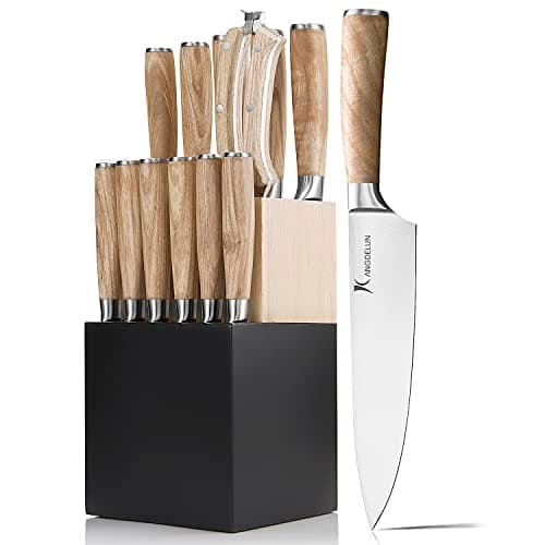 Kangdelun Ultra Sharp 14-Piece Kitchen Knife Set, High Carbon Stainless Steel Blades, Torrefied Natural Wood Handles, Ergonomic Design, Space-Saving Black-Finished Wood Block, Easy Hand Wash, Gift Box