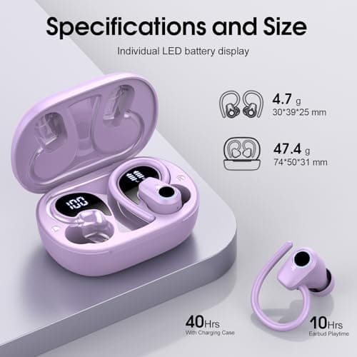 Wireless Earbuds, 2023 Bluetooth Headphones 5.3 Sport, 50H Ear buds with Earhooks, Dual LED Display Bluetooth Earbuds, Deep Bass Stereo Noise Cancelling Headphones, IP7 Waterproof Earphones, Purple 6