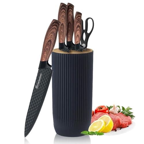 Kitchen Knife Set, Retrosohoo 6-Pieces Khaki Sharp Knife Block Set for Kitchen, Non-stick Non-slip Stainless Steel Chef Knife Set with Universal Knife Block Suitable for Home Restaurant (Black)