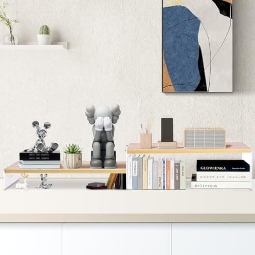 YGYQZ Adjustable Monitor Stand Riser with Acrylic Legs丨7.67" Wide Dual Monitor Stand for Desk丨2-Tier Wood Desktop Organizer for Computer, Laptop, Printer & PC丨Modern Aesthetic Desk Shelf(wood-flat) 5