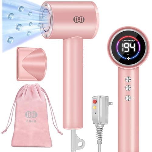 CIICII Negative Ionic Hair Dryer Professional, 120000RPM High Speed Blow Dryer (1600W Brushless/ 3-Speed/ 4-Temp & HD Display & Portable Bag) Fast Drying Hairdryer for Home, Travel & Salon (Pink)