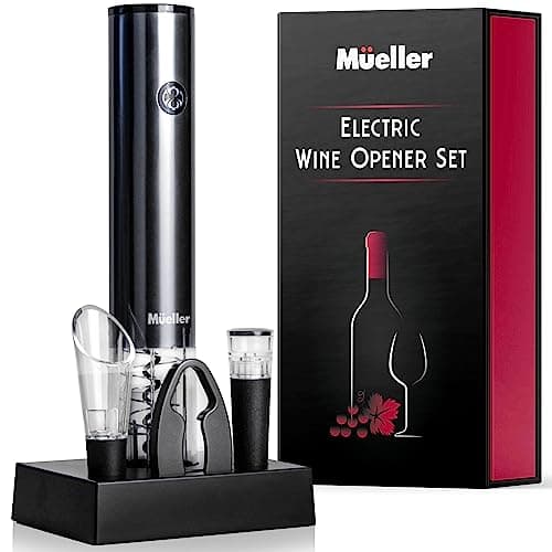 Mueller Electric Wine Opener Set - Rechargeable Batteries and USB Charging Cable - Electric Corkscrew Opener with Foil Cutter, Wine Pourer, Vacuum Stopper (Batteries Included), Valentines Day Gift